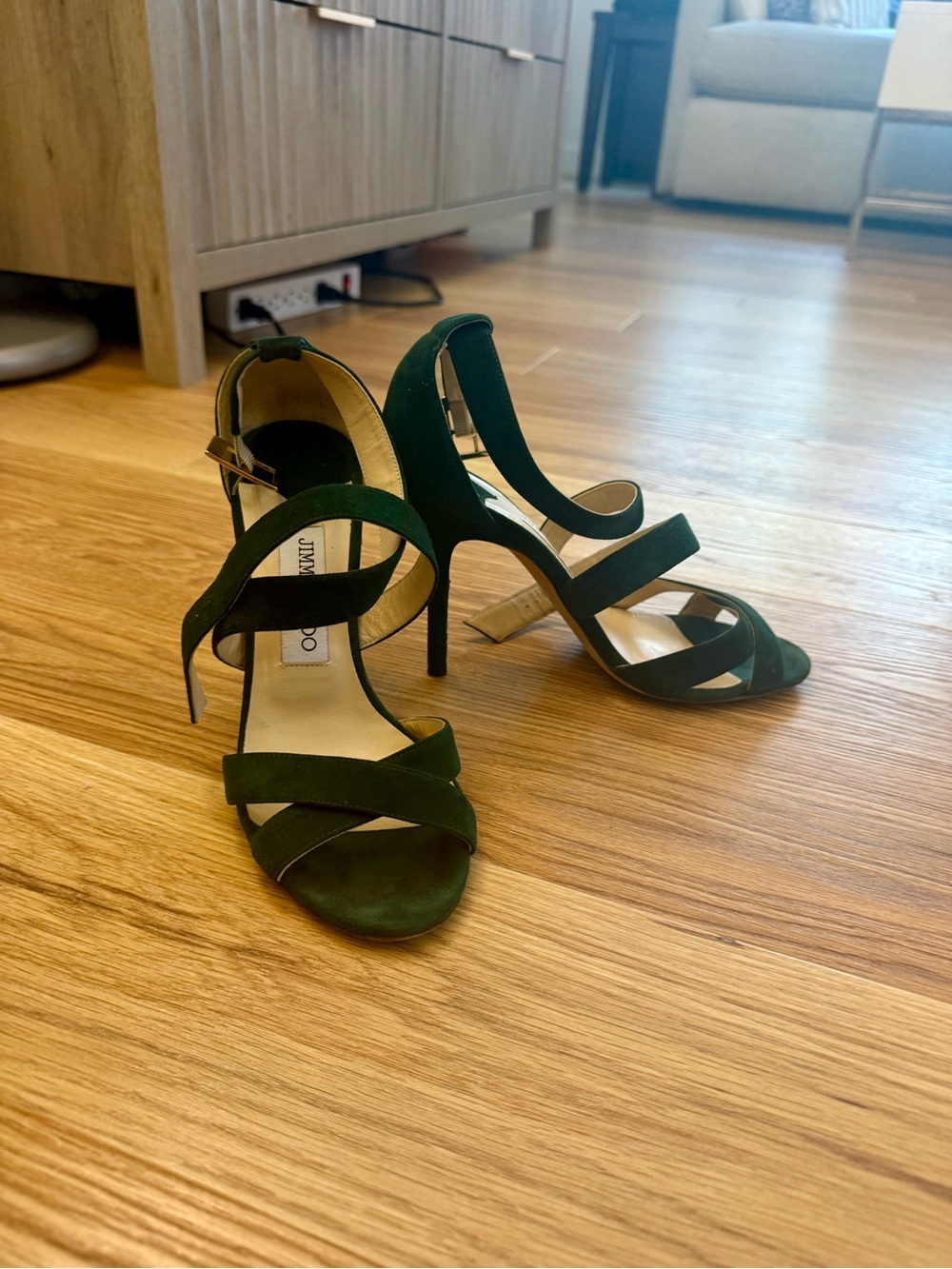 Jimmy Choo Dark Green Suede Strappy Stiletto Sandals